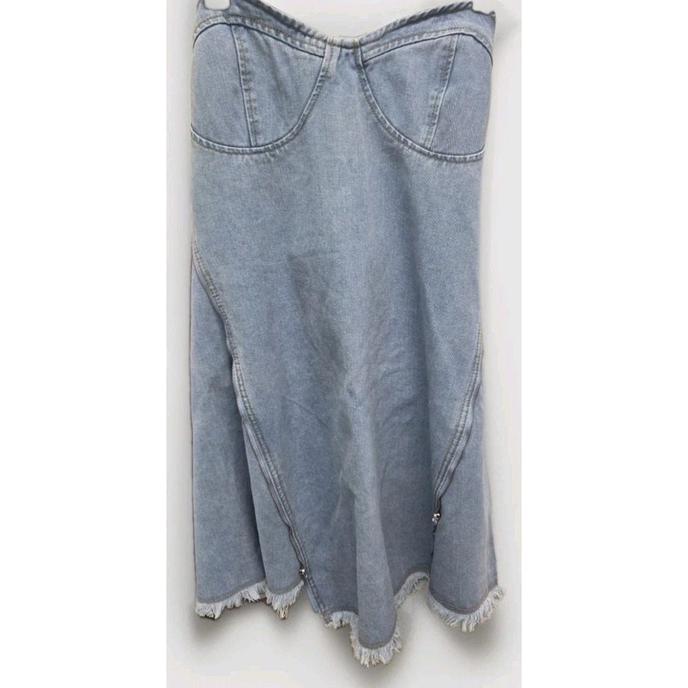 PrettyLittleThing Plus Light Wash Denim Corset Top Strapless Frayed Hem Size 18